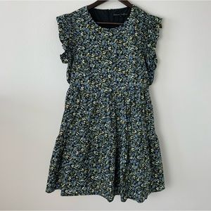 English Factory Blue Floral Printed Babydoll Mini Dress with Ruffle Sleeves